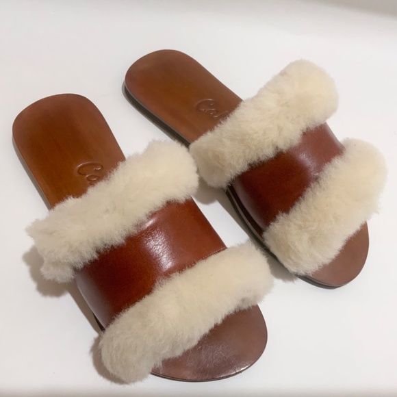 Californians Hannah Cognac genuine shearling slippers mules fashion flat sandals - Picture 10 of 16